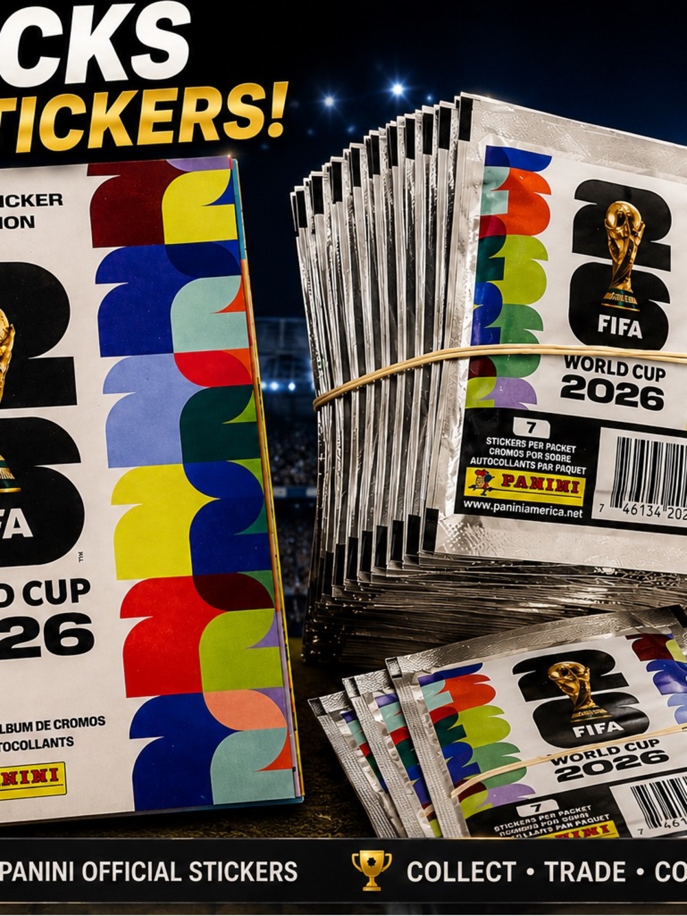 Panini FIFA World Cup 2026 Sticker Collection Album Book + 50 Packs 350 Stickers